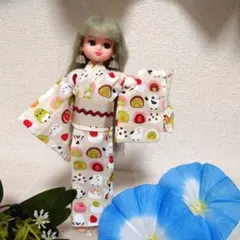 【Ｎｏ．86】リカちゃん浴衣 シマエナガとフルーツ大福 白