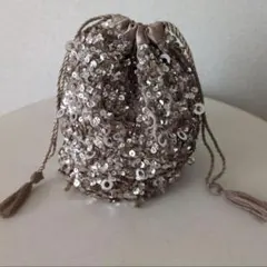 【最終】ビーズ装飾 ベージュ ドローストリングバッグ