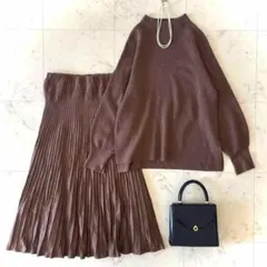 美品 ミラオーウェン ウール混ニット セットアップ フレアスカート S モカ