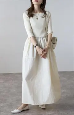 【新品】スクエアネック　ニットコンビコクーンワンピース