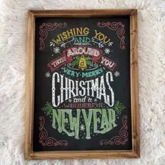 チョークアート風　木製フレーム クリスマス＆ハッピーニューイヤー　アートプリント