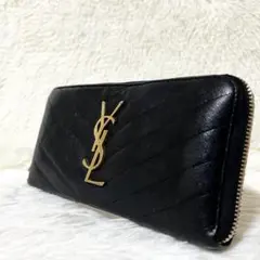 サンローラン　ラウンドファスナー長財布　Ｖステッチ　レザー　カサンドラ　黒