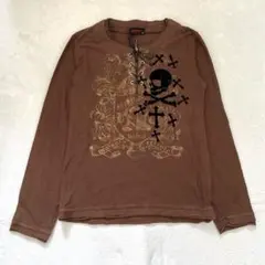 Tシャツ 長袖 ハーフジップ ドクロ レースアップ コットン ブラウン M