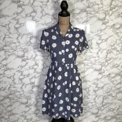 アースミュージック＆エコロジー　（M）　花柄チェック解禁シャツワンピース　ネイビ