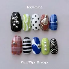 【120】ネイルチップ/個性派ニュアンス チェック ボーダー ドット うねうね