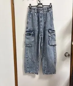 キッズ160cm ブルーデニムカーゴパンツ　ケミカルウォッシュ