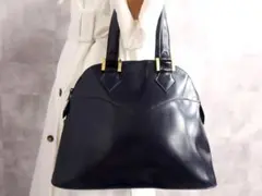 イヴ・サンローラン カーフ レザー ハンドバッグ ネイビー ゴールド金具