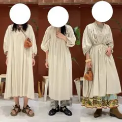 evam eva エヴァムエヴァ リネンロングワンピース グレージュ Vネック