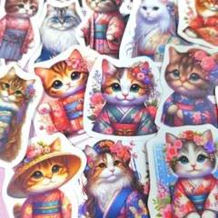 和風ねこ 着物猫 フレークシール ハンドメイド