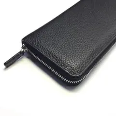 【大人気！】シボ加工 長財布 本革 ラウンド ファスナー ブラック 黒