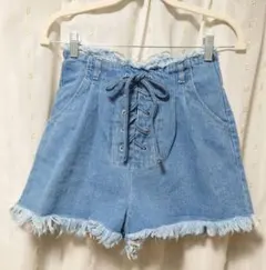 One Way ライトブルー フリンジヘム ショートパンツ Fサイズ