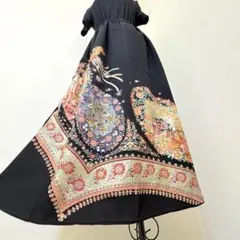 【1点物】美品　着物　リメイク　ロングスカート　黒留袖　鳥　豪華　正絹