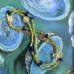 ブルー&ライトグリーン　アンティークビーズ、天然石使用　ネックレス