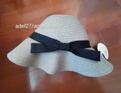 新品UPF50＋ペーパーブレードキャペリンリボンストローハット麦藁帽子グレージュ