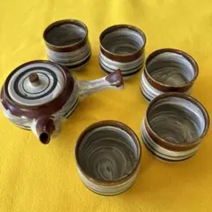 急須　湯呑み茶碗5個セット　刷毛目風　アンティーク