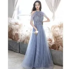 青 チュール ビーズ装飾 二次会　ロングドレス　同窓会　結婚式　衣装