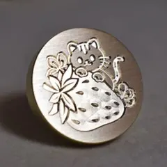 25mmシーリングワックススタンプ　真鍮ヘッド　可愛いネコといちご　果物スタンプ