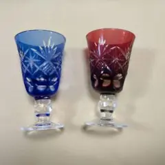 切子風装飾カットグラス ショットグラス 青赤各1個セット