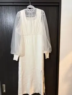 GRLホワイト シアー袖 ニットロングワンピース　Lサイズ