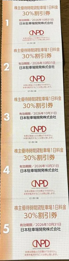 日本スキー場開発株主優待　駐車場1日料金30%割引券　5枚
