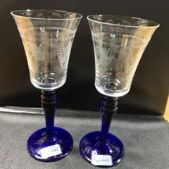 【昭和レトロ】　チェコ製　アンティーク　ボヘミアグラス　(ブルー) ハンドメイド