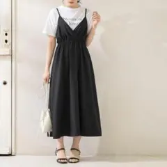新品【Newlyme】キャミワンピース バックリボン M 黒 カシュクール風