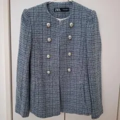 【美品】ZARAラウンドネック テクスチャー ジャケット　ノーカラー　銀ボタン