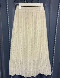 アイボリー レース編み フレアスカート　レースロングスカート
