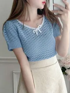 SHEIN 半袖ニット リボン付き 水色 レディース M