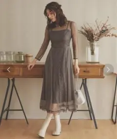 グレー レース パーティードレス ミディ丈