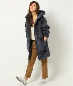 バビロン Babylonフード付きボアロングコート M ネイビー