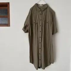 オリーブ色 半袖シャツワンピース