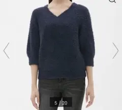 GU★フェザーヤーンVネックセーター七分袖★ネイビー★S
