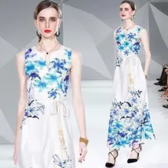 【ホワイト＆ブルー花柄★Ｌ】ロング ワンピースベルト付きレディース人気