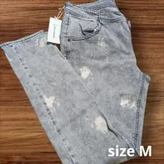 グレー ダメージ柄加工 ストレートデニム