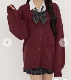 バーガンディ ニットカーディガン チェックリボン付き