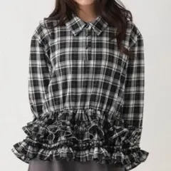 Heather ボリュームフリルヘムシャツ 黒チェック ペプラム フリル シャツのサムネイル