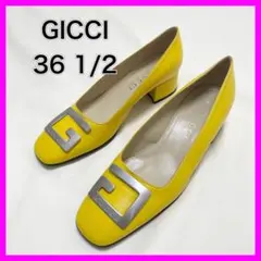 GUCCI シルバー金具 Gロゴ スクエアトゥ パンプス イエロー 36 1/2