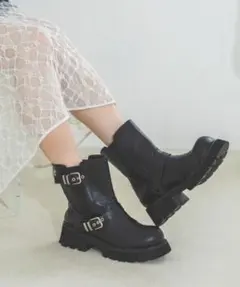 【JEANASIS】フェイクレザーWベルトブーツ