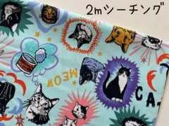 2m　ネコ　猫　un/no　シーチング　コスモ　生地　ミントブルー　Y11