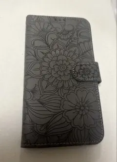 iPhone 12promax手帳型ケース カードポケット付き灰色グレー花