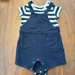 ネイビー ストライプ柄付きオーバーオール 70cm ベビー服　半袖　ロンパース