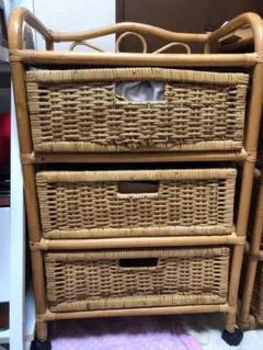 エスニック 昭和レトロ ラタン 藤 3段棚 3杯 ランドリーラック 3段チェスト