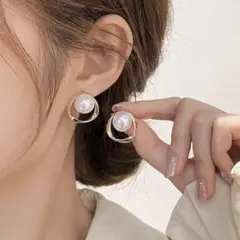 光沢パール　痛くないイヤリング　ブライダル　結婚式　韓国　スタイリッシュ
