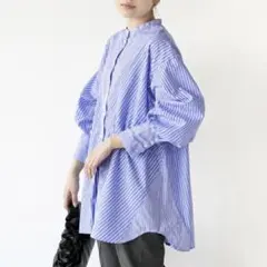 新品 ストライプ シャツ ノーカラー レディース イーザッカマニアストアーズのサムネイル
