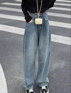 SHIEN ライトブルーデニム ワイドレッグパンツ