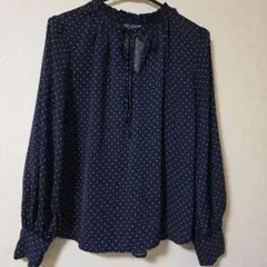 ネイビー ドット柄 長袖ブラウス