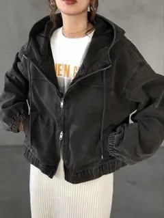 デニムジャケット　パーカー　ウォッシュブラック　シーイン　SHEIN