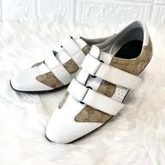 美品✨GUCCI GGキャンバス レザー ホワイト スニーカー 靴 ベルクロ