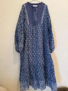 【美品】綿100% 花柄ロングワンピ（青系）